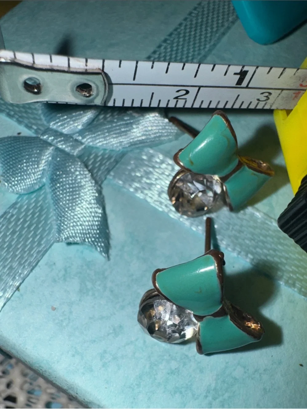 Vintage Source Unknown Turquoise Enamel Bow Stud Earrings with Clear Crystal